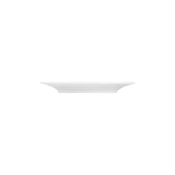 A white, round, shallow saucer with a slightly flared rim, viewed from the side against a plain background.