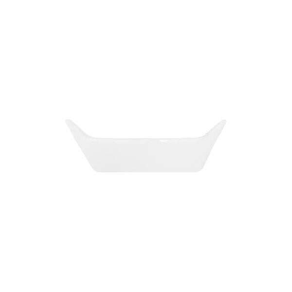 A small, white, rectangular dish with slightly upturned ends, photographed against a plain white background.