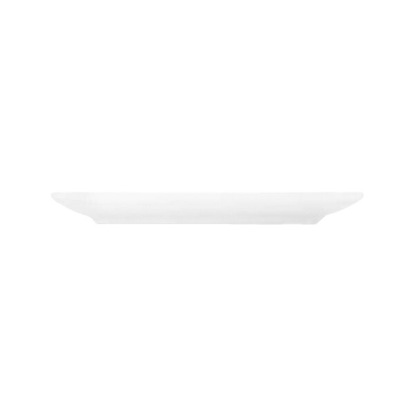 A white, oval-shaped plate shown from a side view against a plain background.