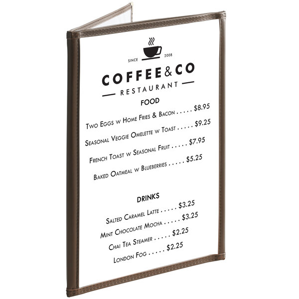 Choice 8 1/2" x 11" Brown 6-View Trifold Three Pocket Menu Cover - 12/Case