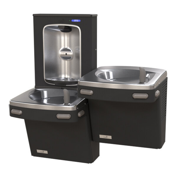 Two black and silver bi-level drinking fountains with a bottle filler station mounted above them.