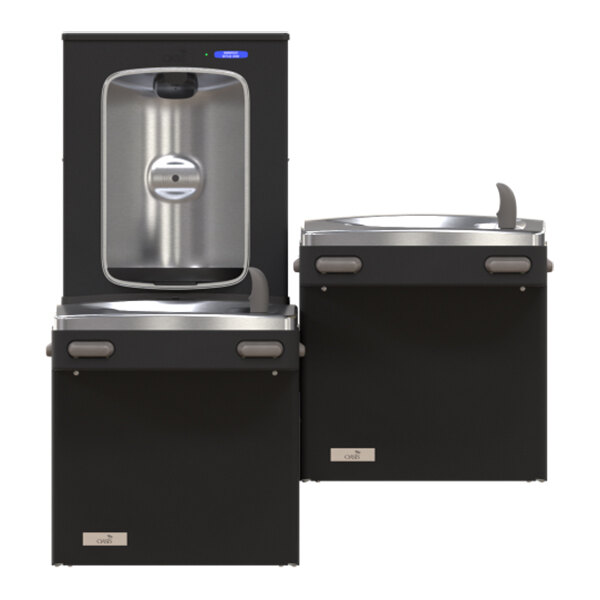 Two black and stainless steel drinking fountains are shown side by side, with one at a higher level featuring a bottle filler and the other at a lower level, both with push bars and spouts.