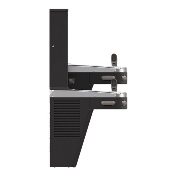 A side view of a bi-level drinking fountain with two spouts and a bottle filler, featuring a black and silver design.