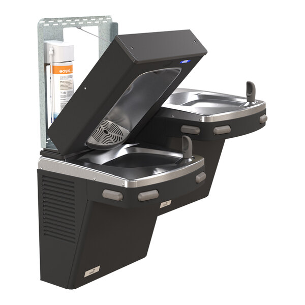 A bi-level drinking fountain with a bottle filler, featuring a black and stainless steel design and a visible water filter component.