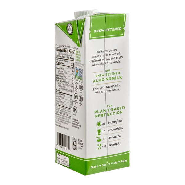 A green and white carton labeled 'Unsweetened' with nutrition facts and plant-based usage suggestions visible on the side.