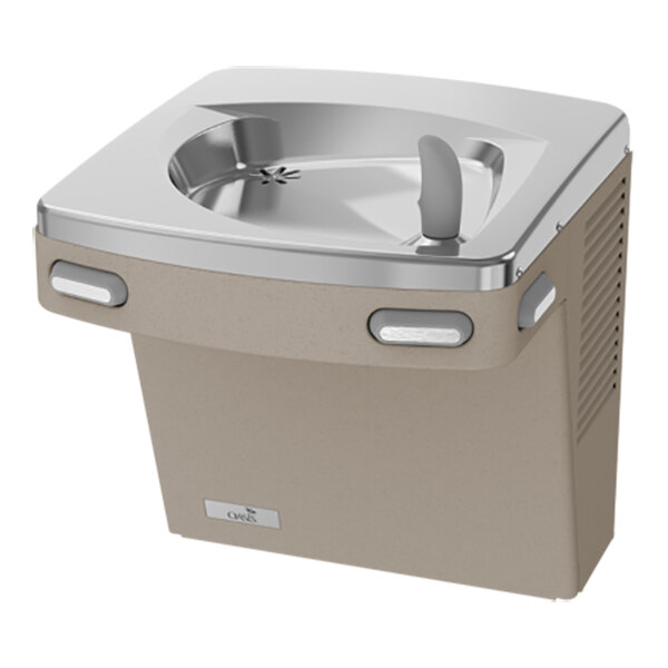 A beige and stainless steel wall-mounted drinking fountain with push buttons on the front and sides.