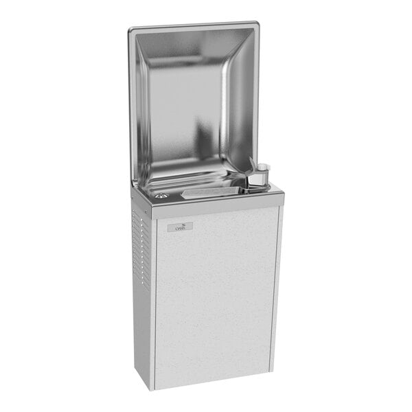 A freestanding, stainless steel drinking fountain with a push-button spout and a semi-recessed design.