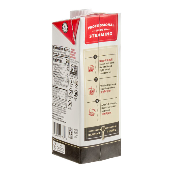 A rectangular carton with a red and white design, featuring nutrition facts, steaming instructions, and various certification symbols on the side.