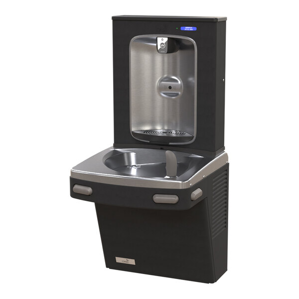 A black and stainless steel wall-mounted drinking fountain with an integrated bottle filler and sensor.
