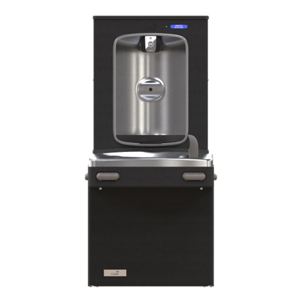 A black and stainless steel drinking fountain with a bottle filler and sensor, featuring a modern rectangular design.