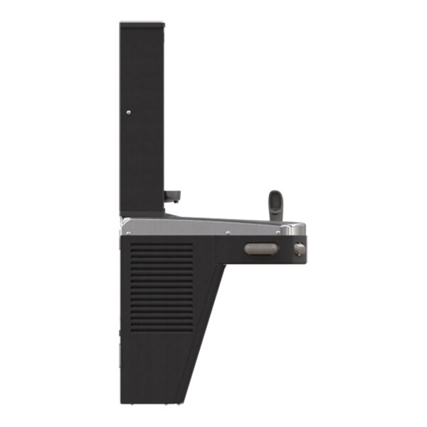 A side view of a black and silver drinking fountain with a bottle filler attachment.