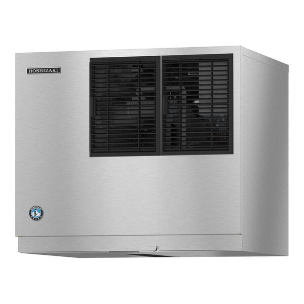 A stainless steel rectangular appliance with dual black vented panels on the front and a small logo in the lower left corner.