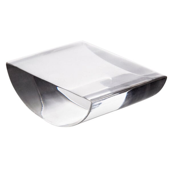 A shiny, metallic, rectangular scoop with a curved bottom and flat top surface.