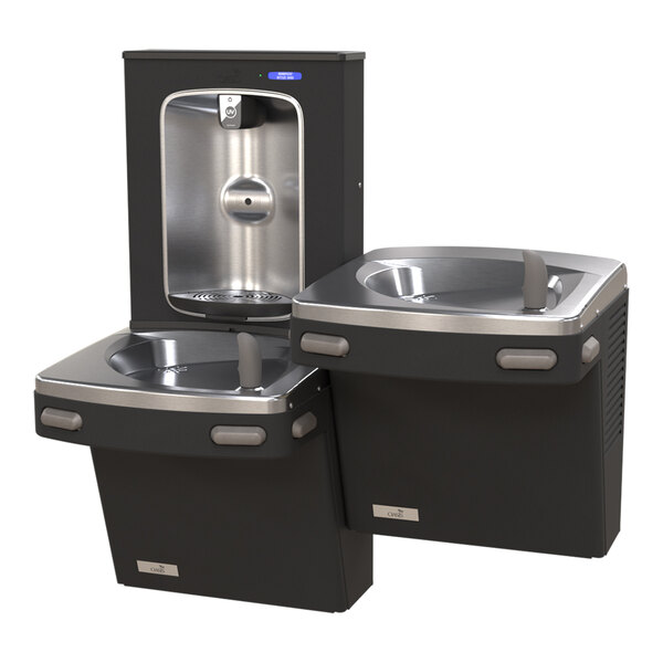 Two black and silver bi-level drinking fountains with a bottle filler station mounted above them.