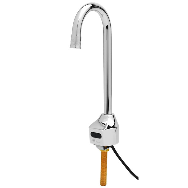 A T&S chrome plated brass hands-free sensor faucet with a long silver gooseneck spout.