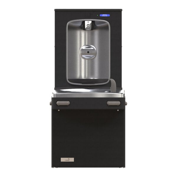 A black and stainless steel drinking fountain with a bottle filler and sensor, featuring a modern rectangular design.