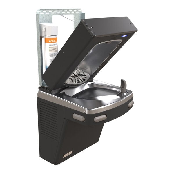 A wall-mounted drinking fountain with a bottle filler, featuring a partially open top section revealing internal components and a visible water filter.