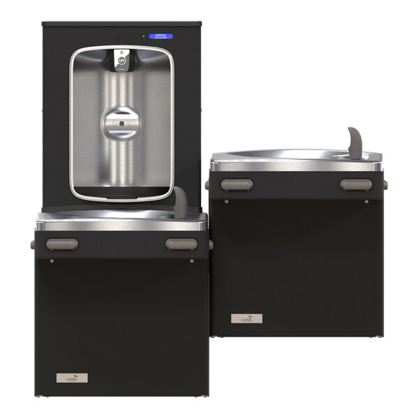 Two black and stainless steel drinking fountains are shown side by side, with one at a higher level featuring a bottle filler and sensor above the basin.