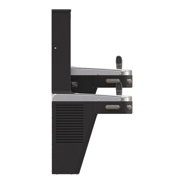 A side view of a bi-level drinking fountain with two spouts and a bottle filler, featuring a black and silver design.