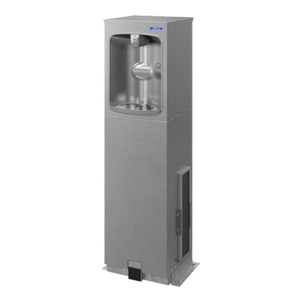 A tall, rectangular, stainless steel free-standing water bottle filling station with a recessed dispensing area and a foot pedal at the base.
