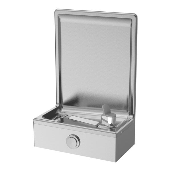A stainless steel wall-mounted drinking fountain with a push button and a spout, featuring a semi-recessed design.