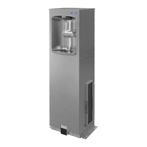 A stainless steel free-standing water bottle filling station with a recessed dispensing area and a foot pedal at the base.