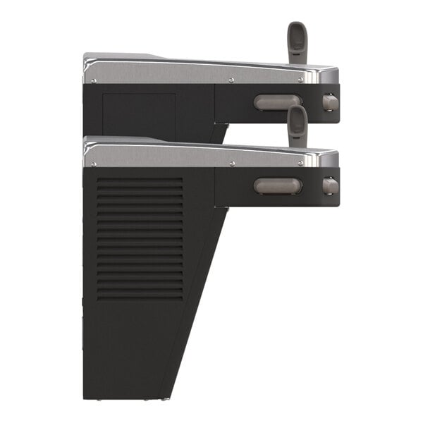A side view of a bi-level drinking fountain with a black and stainless steel finish, featuring two spouts at different heights.
