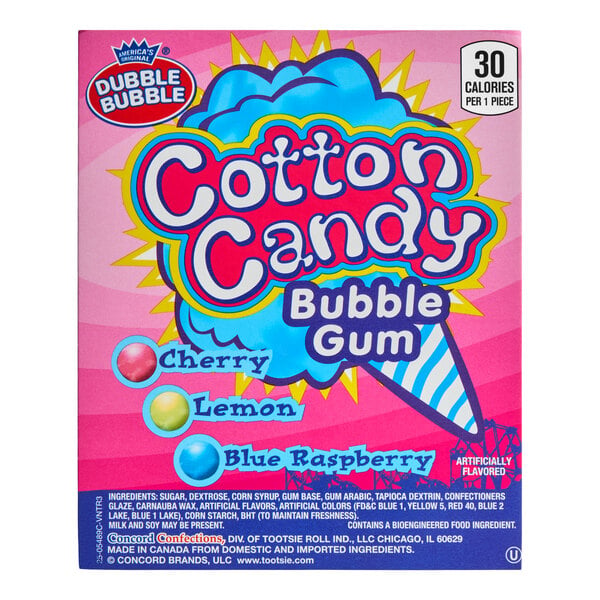 A colorful box labeled 'Cotton Candy Bubble Gum' featuring cherry, lemon, and blue raspberry flavors, with bright graphics and ingredient information.