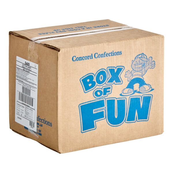 A cardboard box labeled 'Box of Fun' with blue text and a cartoon character, featuring shipping and product information on the side.
