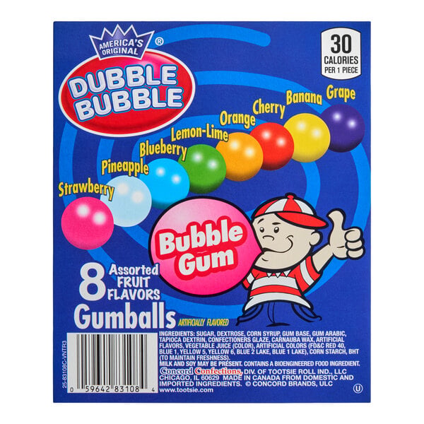 A box of Dubble Bubble gumballs featuring eight assorted fruit flavors, colorful gumballs, and a cartoon character giving a thumbs up on the packaging.