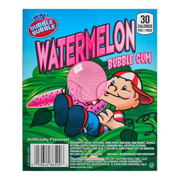 A colorful box featuring a cartoon boy blowing a large pink bubble, with bold text reading 'Watermelon Bubble Gum' and watermelon imagery in the background.