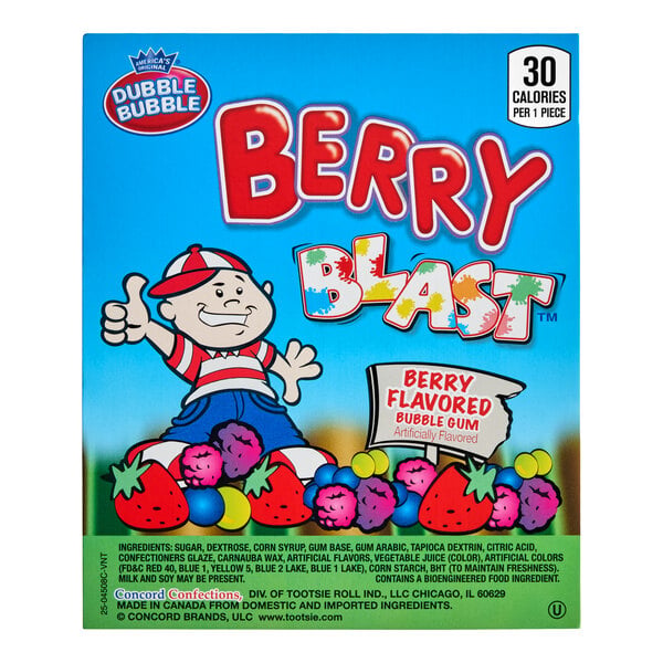 A colorful box featuring a cartoon character sitting among illustrated berries, with bold text reading 'Berry Blast' and 'Berry Flavored Bubble Gum' on the front.
