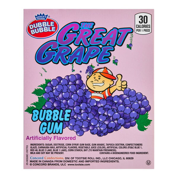 A box with a purple background featuring a cartoon character surrounded by a large bunch of grapes, labeled 'Dubble Bubble The Great Grape Bubble Gum' and 'Artificially Flavored'.