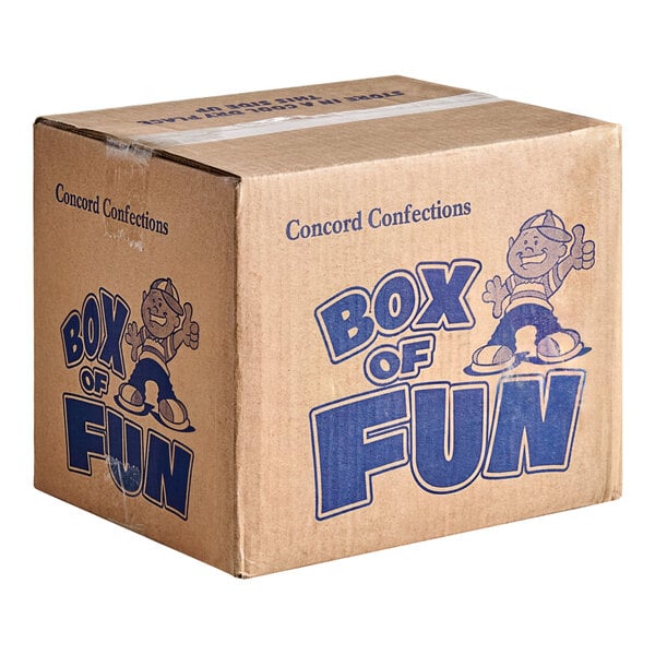 A cardboard box labeled 'Concord Confections BOX OF FUN' with cartoon characters and blue text printed on the sides.