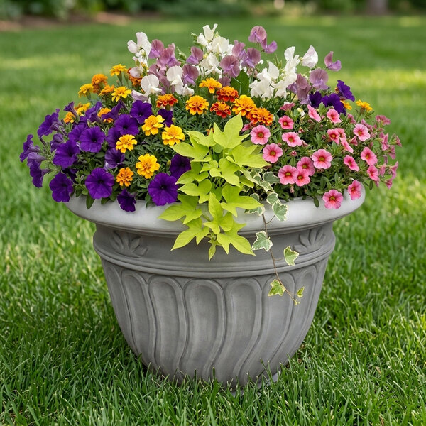 Grossfillex Romano 24 5/16" x 19 1/8" Round Pietra White Resin Planter - 5/Pack