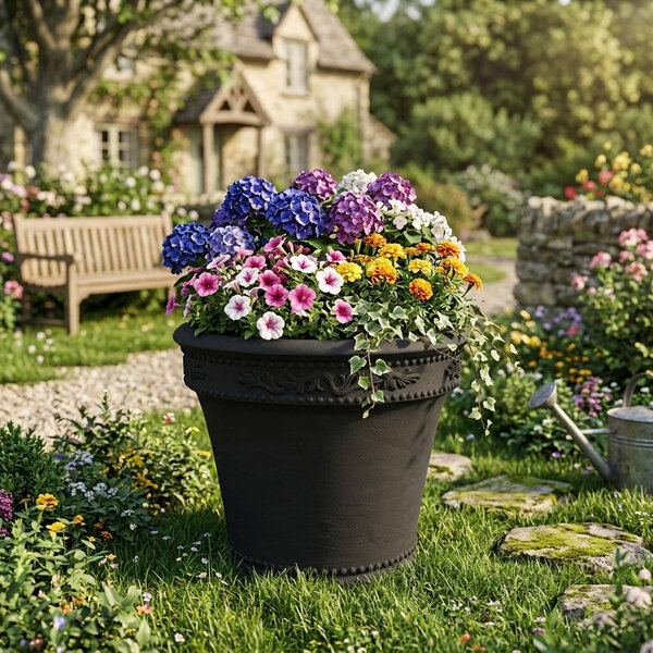 Grossfillex Monteverde 23" x 19 1/8" Round Pietra Black Resin Planter - 4/Pack