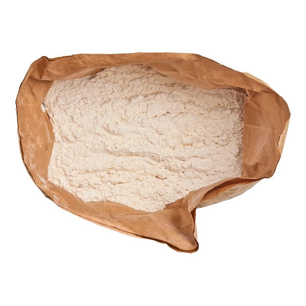 An open brown paper bag filled with a white powdery substance, likely flour.