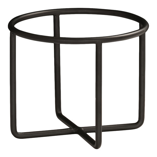 A black, round metal wire frame with three vertical supports and a circular top, designed as a riser or stand.