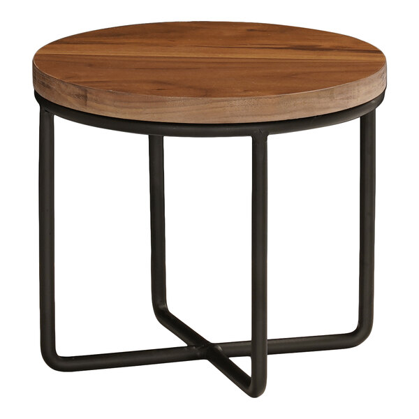 A small round table with a thick wooden top and a black metal frame base.