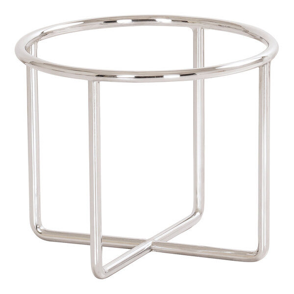 A round, chrome-colored metal wire frame with four vertical supports and a circular top, designed as a riser.