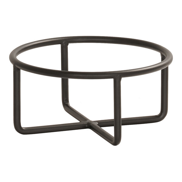 A black, round metal wire stand with four supporting legs and a circular top frame.