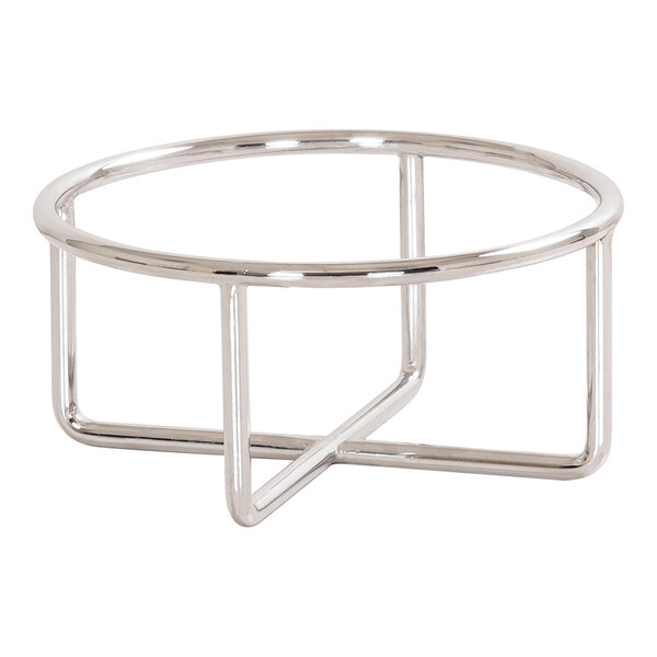A round, chrome-colored metal wire stand with three supporting legs and a circular top frame.