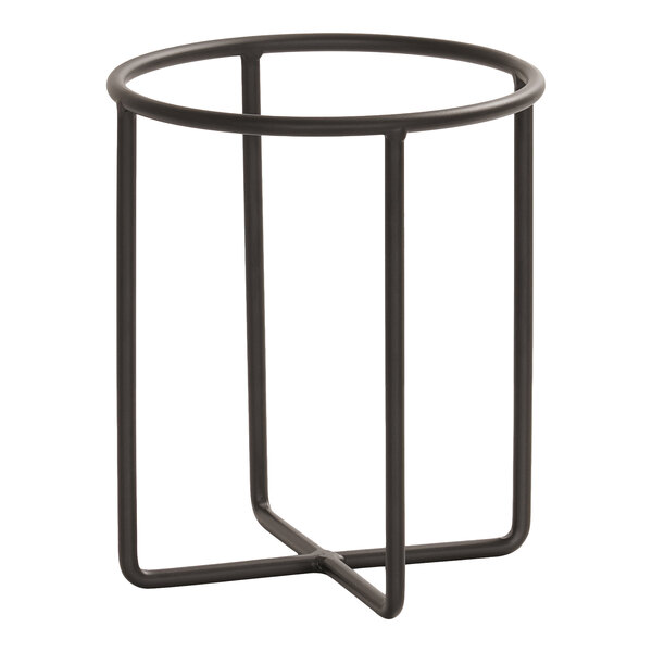 A black, round, open-frame wire stand with three vertical supports and a circular top.