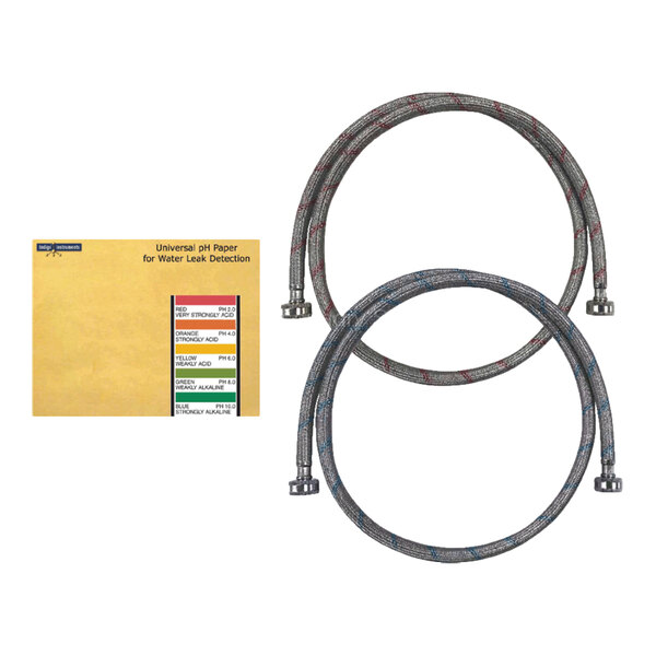 Two braided hoses with metal fittings and a yellow packet labeled 'Universal pH Paper for Water Leak Detection' are shown.