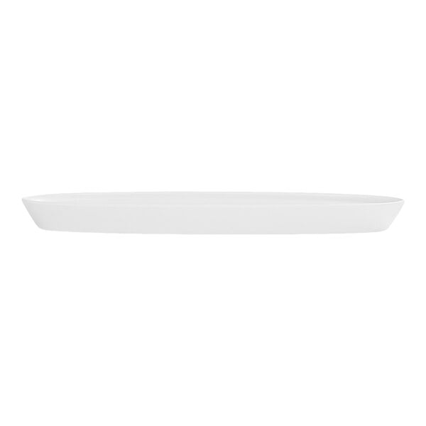 A white, oval-shaped platter with slightly raised edges, viewed from the side.