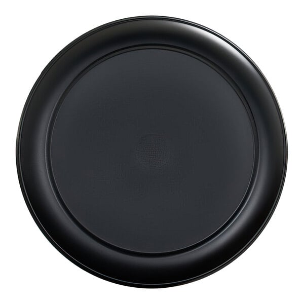 A round, black plate with a raised rim viewed from above.