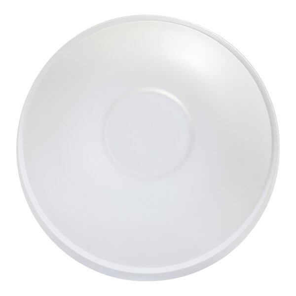 A white, round bowl with a smooth surface and a slightly raised circular base, viewed from above.