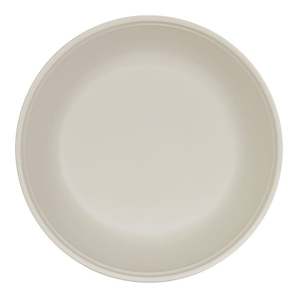 A top-down view of a plain, round, ivory-colored bowl.