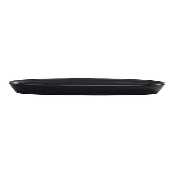 A black, oval-shaped platter with a slightly raised rim, viewed from the side.