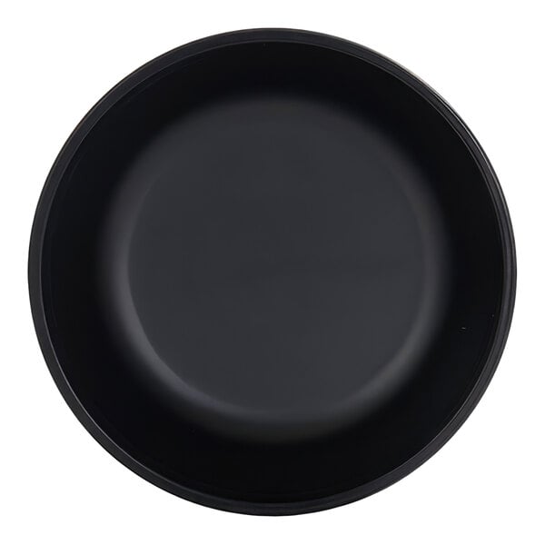 A black, round bowl with smooth sides and a matte finish, viewed from above.